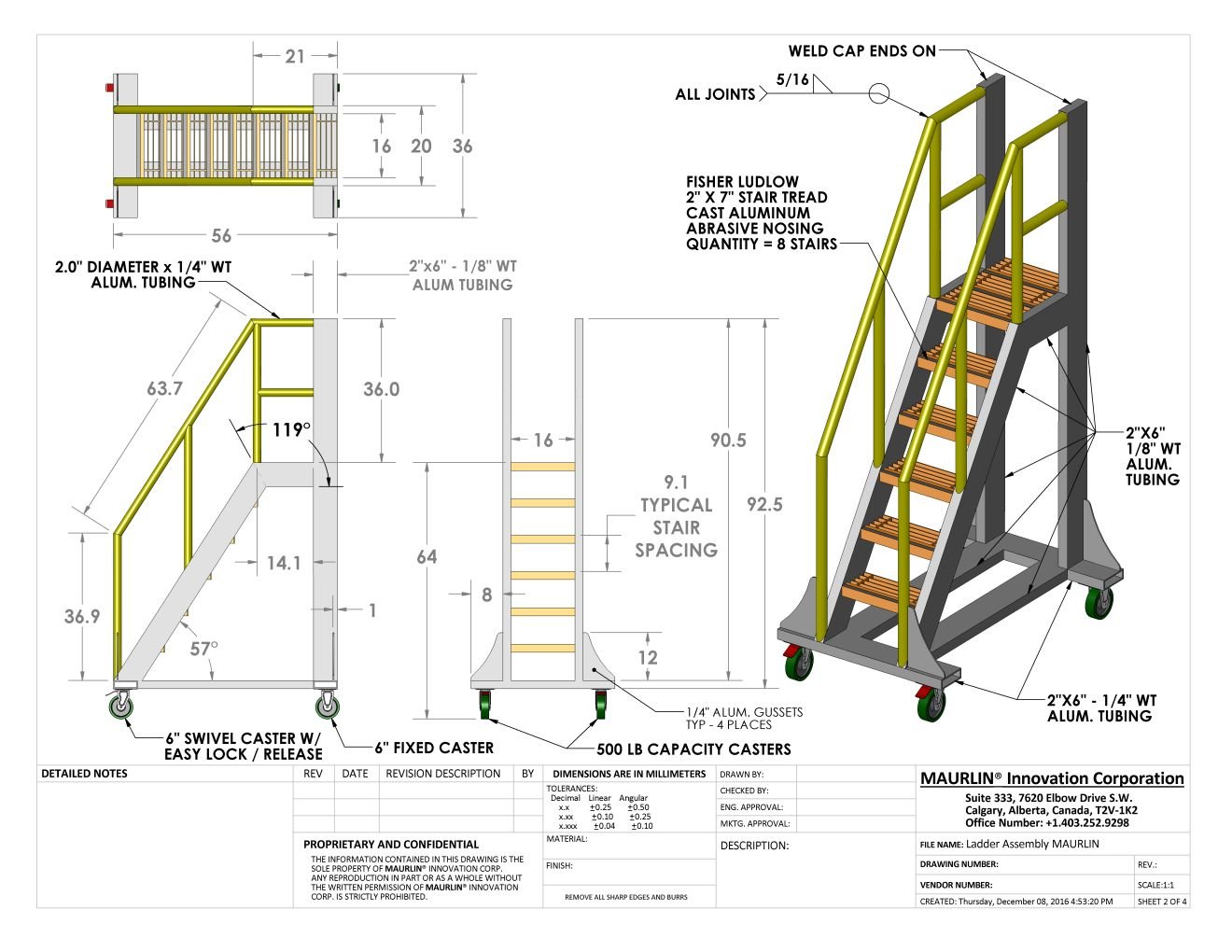 aluminum ladder designed to specification with locking casters